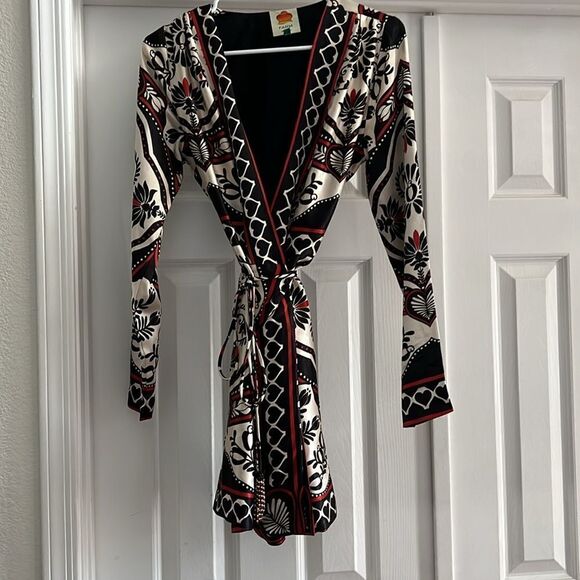 FARM RIO ‘Passion Scarf’ Black MINI WRAP DRESS - Picture 7 of 10
